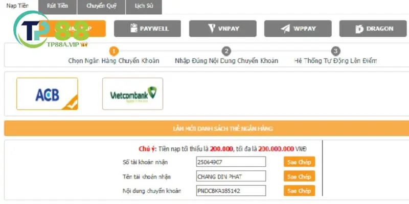TP88 hỗ trợ những phương thức nạp tiền nào?
